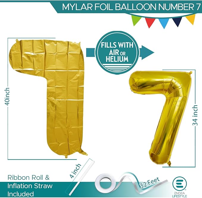 40 Inch Large Gold Number Celebration and Decoration Balloon for Birthday Parties, Graduations, Anniversaries, Weddings, Photo Shoots, Special Events - Helium Foil Mylar (Gold Number 7)