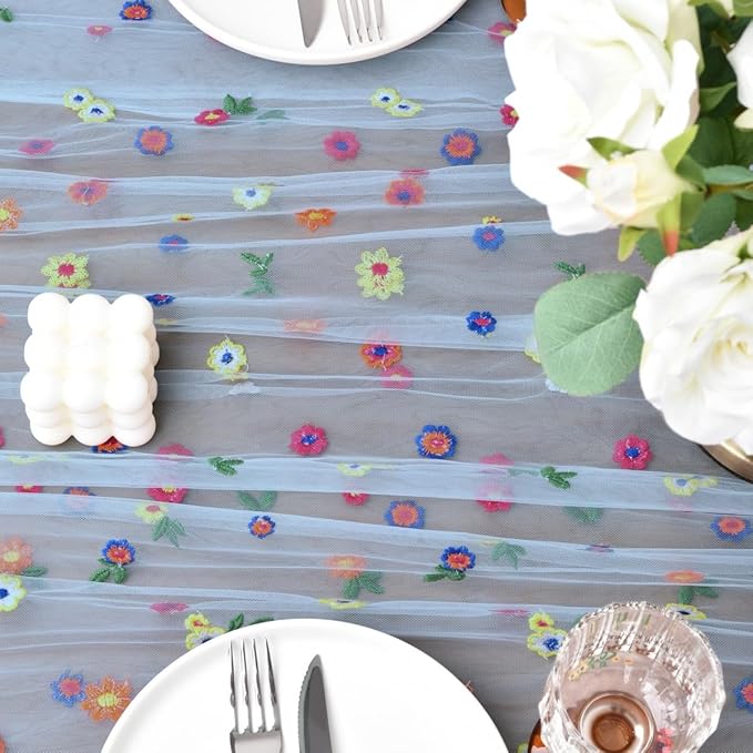 Joanlody Blue Embroidery Daisy Spring Summer Table Runner Florals Seasonal Easter Tulle Table Runner Holiday Kitchen Dining Table Decoration Wedding Party