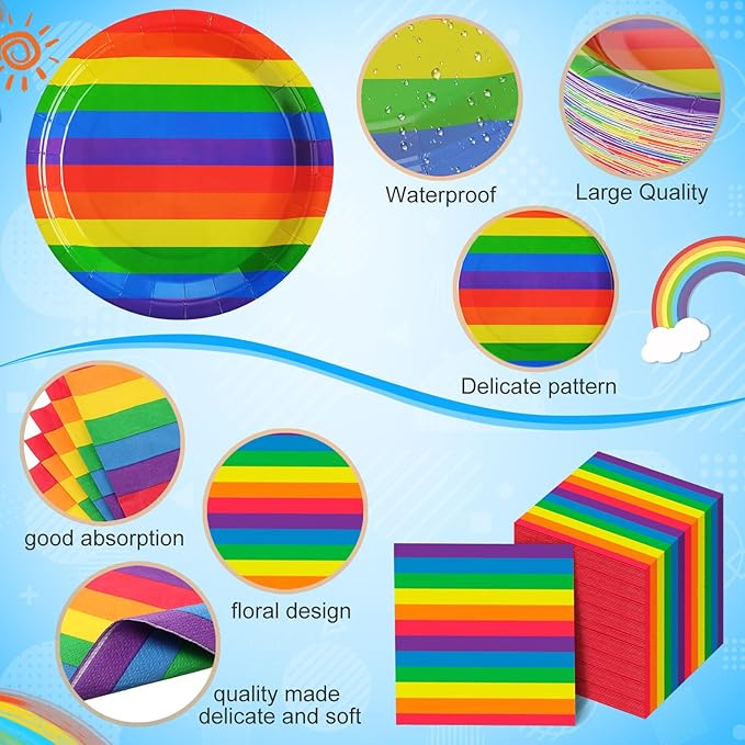 Party Decorations Supplies Paper Plates Napkins and Cups Cutlery (192, Rainbow, Pride)
