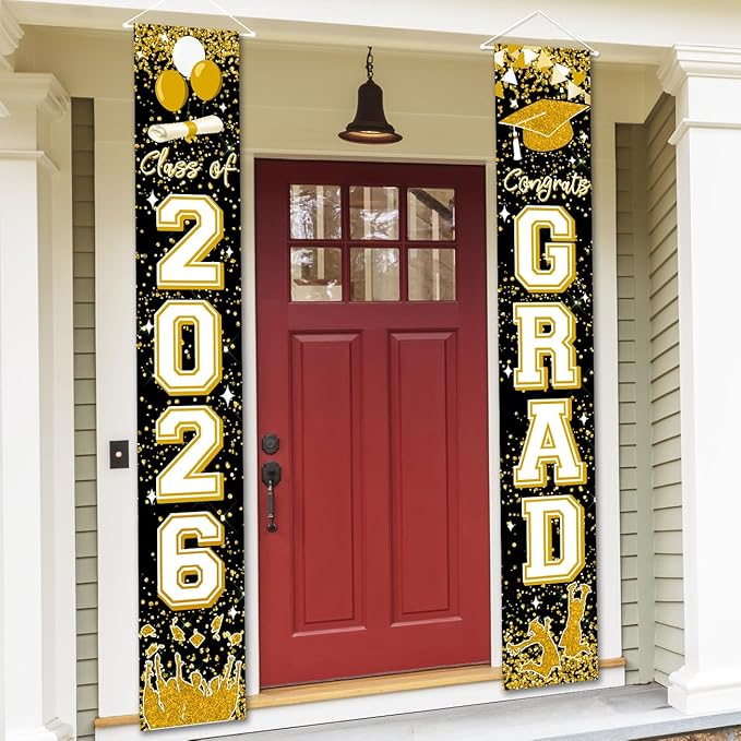 Class of 2026 Graduation Decorations Black and Gold Congrats 2026 GRAD Porch Sign Banner for High School and College Graduation Party Decoration