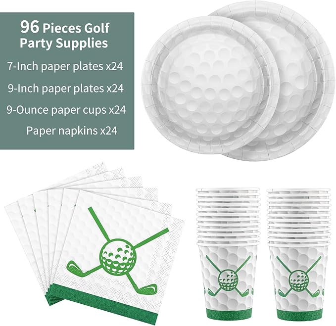 durony 96 Pieces Golf Party Supplies Birthday Party Tableware Set Including Paper Plates, Cups, Napkins for Golf Sports Themed Decorations, Serves 24 Guests