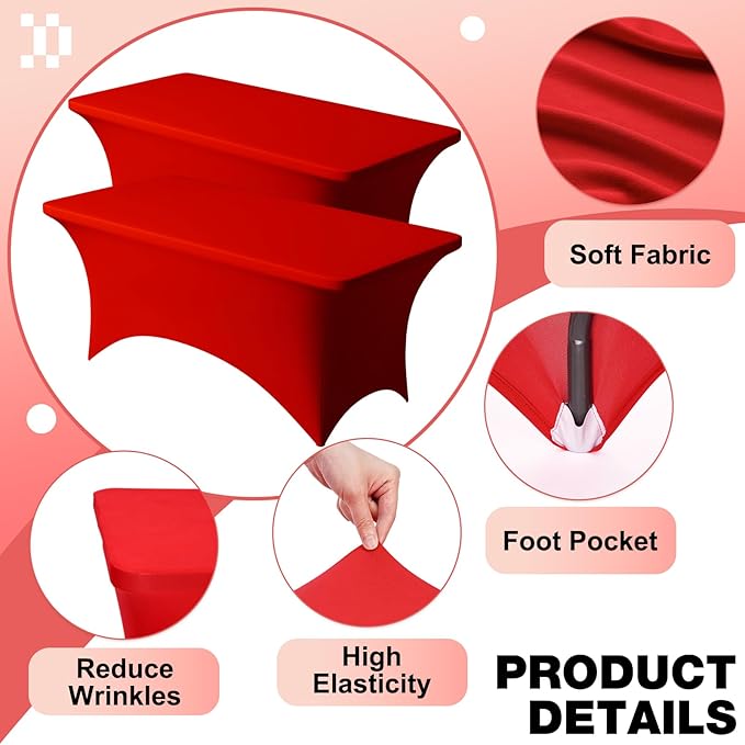 Trlyc 2 Pack 8FT Spandex Table Cloth - 96 x 30 Inch Rectangular Stretch Tablecloth, Wrinkle Resistant Scretch Table Cover for Wedding, Party, Banquet, Picnic, Outdoor Decoration (2Pcs,Red)