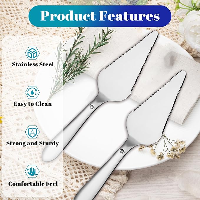 Cake Pie Server Set for Wedding, Elegant Pizza Slicer Server Set with Stainless Steel Big Serrated Edges, Cake Cutter Pie Spatula for Birthday Anniversary, 2 Pcs, Silver