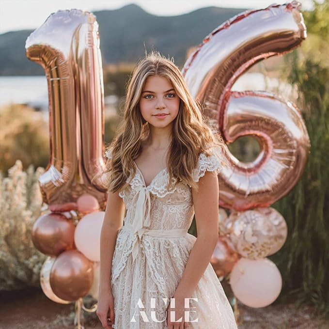 AULE 40 Inch Large 16 Number Balloons Rose Gold Big Foil Number Balloons Giant Helium Happy 16th Birthday Party Decorations for Women Huge Mylar 61 Anniversary Supplies