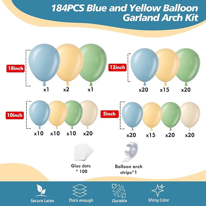 184Pcs Classic Winnie Balloon Garland Arch Kit - Classic Bear Theme Party Decorations with Blue Yellow Sage Green Sand White Balloons for Baby Shower Girl Boy Birthday Party Decorations