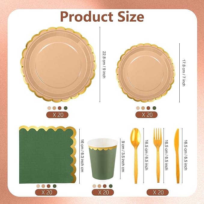 Kochorie 140 PCS Woodland Party Supplies for 20 Guests Disposable Dinnerware Set Includes Scalloped Plates Napkins Cup Cutlery Tableware Set for Birthday Party Wedding Baby Shower Picnic