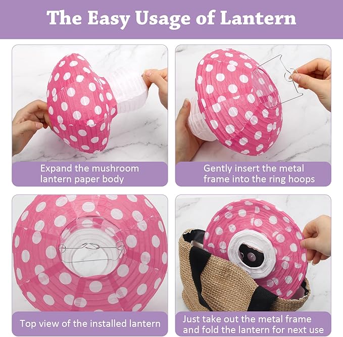 4Pcs Mushroom Shaped Paper Lanterns - Large Mushroom Shaped Paper Lanterns For Nursery, Garden, Christmas Party Decoration - 8 inch, 12 inch (Pink)
