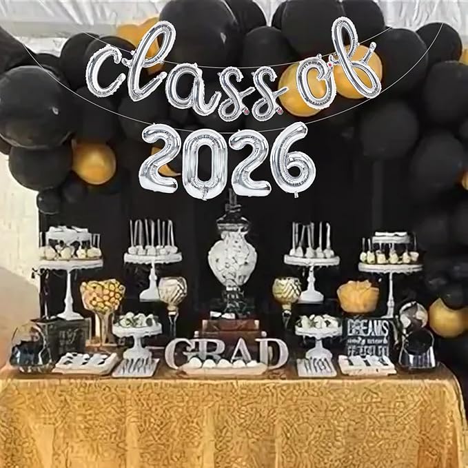 TONIFUL Silver Cursive Class of 2026 Graduation Balloon Banners 2026 Commencement Decor Grad Foil Balloons 2026 Congrats Grad Balloons for Class of 2026 Congratulation Graduation Party Supplies
