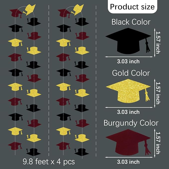 Black Maroon and Gold Graduation Garland Graduation Party Decorations Class of 2026 Grad Cap Garland Banner Streamers for Grad Party Hanging Decorations 39Feet
