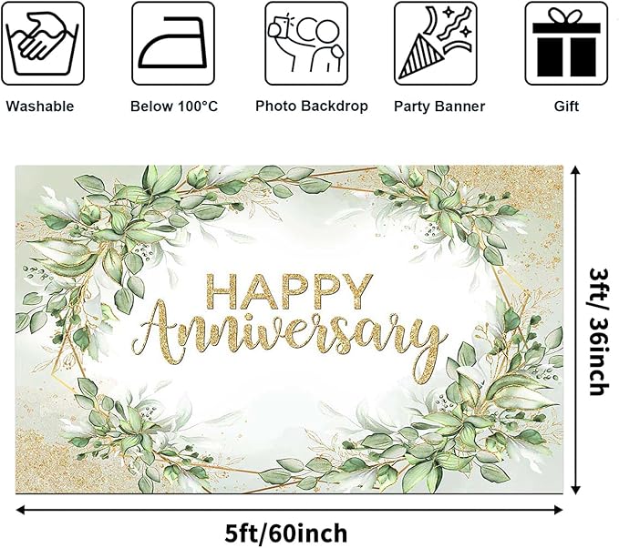 Avezano Happy Anniversary Backdrop - Sage Green Leaves Banner - Cheers to Marriage Wedding Party Decorations - Memorial Portrait Photo Booth Background (5x3ft)