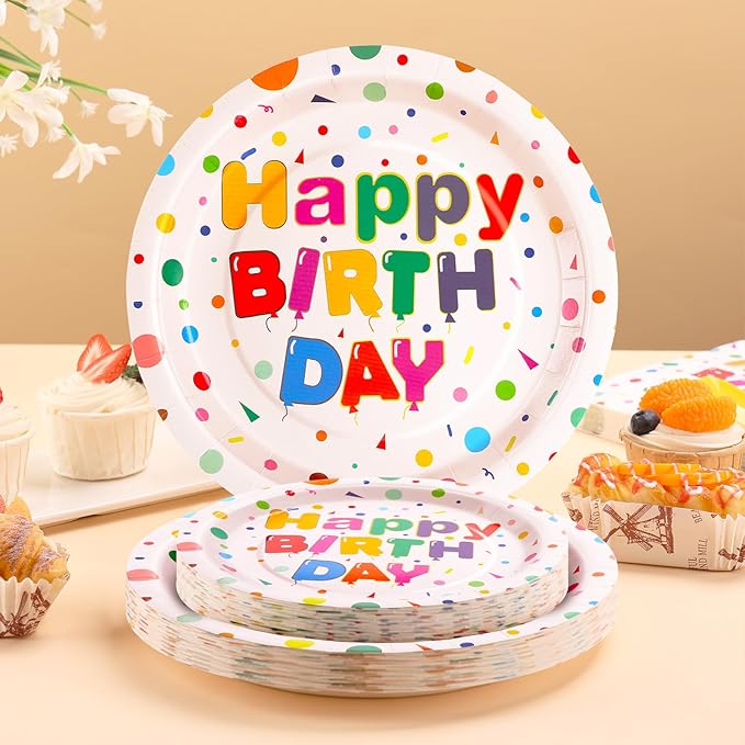 176PCS Happy Birthday Party Supplies, Happy Birthday Plates Serves 25, Includes Birthday Plates and Napkins, Cups,Yellow Cutlery and Happy Birthday Banner for Happy Birthday Party Decorations, 9inch
