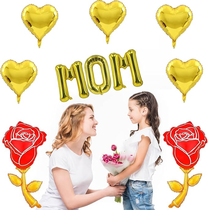 Gold Mom Balloons Gold Rose Heart Balloons Mother's Day Balloon for Mother's Day Party Decorations Theme Supplies Mom Party Balloon Set-10 PCS