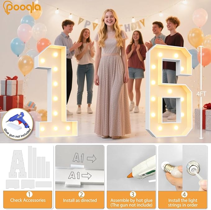 Pooqla 4 FT Light Up Marquee Numbers, Cool White and Warm White LED Large Lighted Marquee Numbers, Giant Mosaic Light Up Numbers for Balloons 6th 16th 60th Birthday Party Decoration, LED Number 6