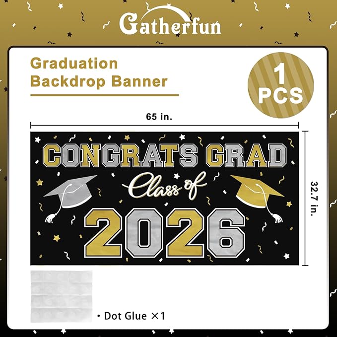 2026 Graduation Party Plastic Backdrop - 65" x 32.7" Congrats Grad Banner in Black, Large Class of 2026 Decorations, Photography & Grad Party Supplies