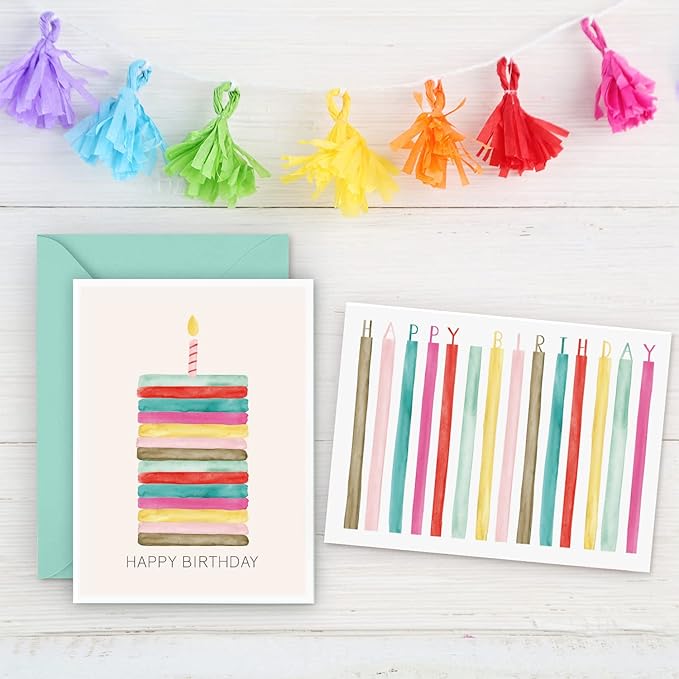 Watercolor Bulk Birthday Cards Assortment – 48pc Bulk Happy Day sheets with Envelopes Box Set – Assorted Blank Celebration Sheets for Women, Men, and Kids in a Boxed flyers Pack