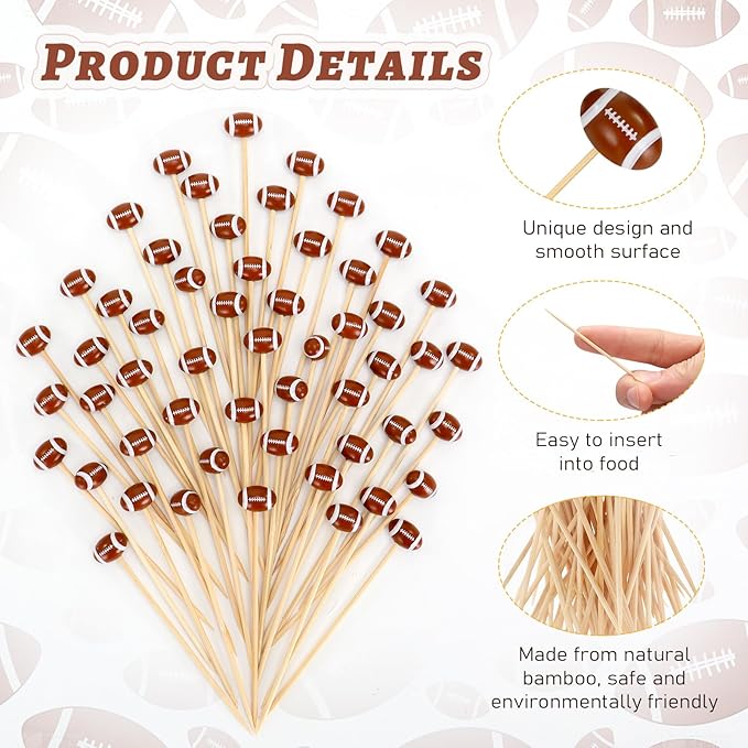 100 Pcs Football Toothpicks, 4.72 Inch Football Cocktail Picks for Appetizers, Long Bamboo Toothpicks, Decorative Toothpicks Skewers for Holiday Birthday Party Decorations (Football 3D)