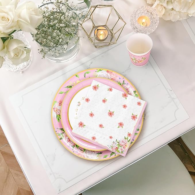 Whaline Pink Tea Party Tableware Supplies Serves 24 Pink Floral Tea Party Disposable Paper Dinnerware, 24 9" Plates 24 7" Saucer Plate 24 9oz Tea Cups with Handle 48 Luncheon Napkins