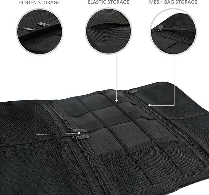 Patu Roll Up Electronics Accessories Travel Gear Organizer Case, Black - Portable Universal External Batteries Hard Drives Cable Management Healthcare Cosmetics Kit Bag