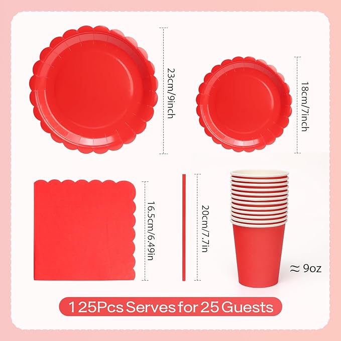 168PCS Party Plates, Scalloped Gingham Paper Plates and Cups and Napkins Sets Party Supplies for Birthday Wedding Bridal Shower Baby Shower Picnic, Serve for 24 Guests (Red Scalloped)