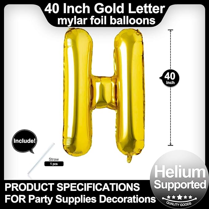 40 Inch Gold Letter H Balloons, DIY Phrase Foil Alphabet Letter H Balloons DIY Word H Banner for Birthday Anniversary Celebration Graduation Party Supplies Decoration