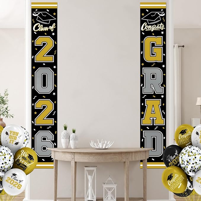2026 Graduation Decorations,Congrats Grad Banner Backdrop for Class of 2026 Decorations- Black and Gold Graduation Party Decorations