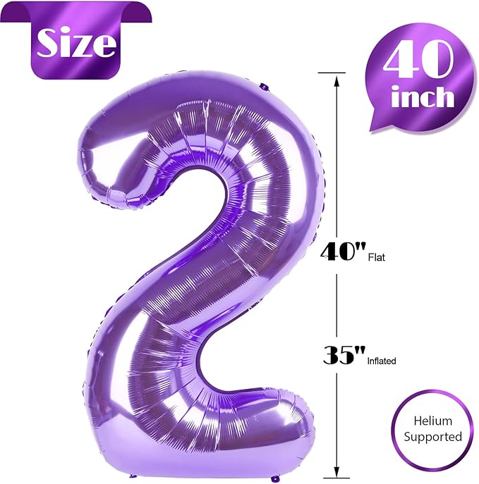 Purple Number 2 Balloon 40 Inch, 2nd Birthday Decoration for Toddlers Girls Boys, Sparkling 2 Number Balloon Party Decor