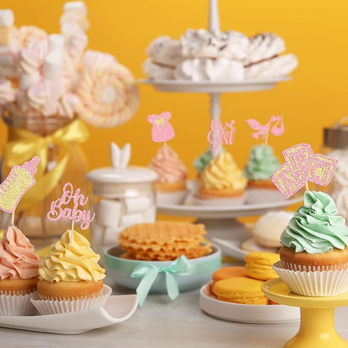 Gyufise 24Pcs Oh Baby Cupcake Toppers Glitter It's a Girl Cupcake Picks Bow Dress Baby Bottle Baby Shower Cake Decorations for Gender Reveal Baby Shower Kids Girls Birthday Party Supplies Pink
