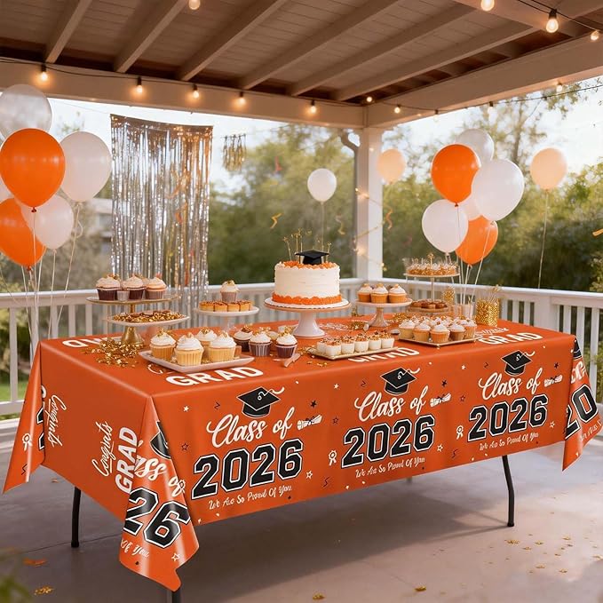 Oigco Graduation Decorations Class of 2026, 2 Pack Orange Graduation Tablecloths, Congrats Grad Plastic Table Cloths for Graduation Party Decorations, 54 x 108 Inch
