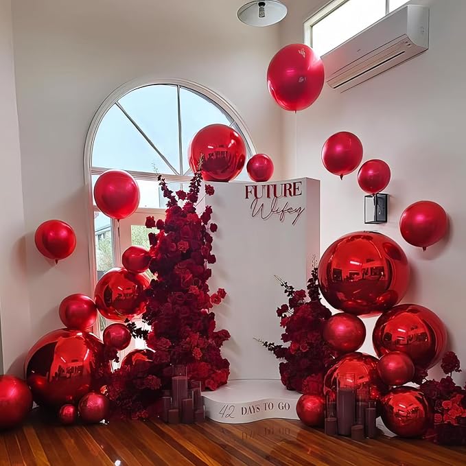 12PCS Red Round Foil Balloons, 22" 15" 10" Large 4D Ball Balloons Metallic Red Mirror Sphere Balloon for Graduation Christmas Valentines Day Wedding Birthday Party Ceiling Decorations