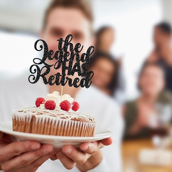 Gyufise 1Pc The Legend Has Retired Cake Topper Glitter Happy Retired Cake Pick Decorations for Funny Old Birthday Retirement Party Cake Decorations Supplies Black