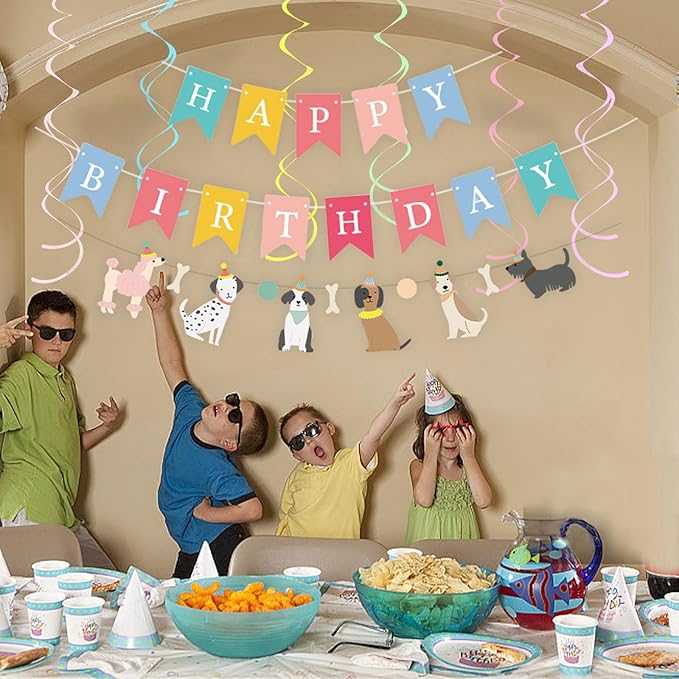 Dog Themed Happy Birthday Banner Baby Shower Party Supplies (Hanging Swirl Banner)