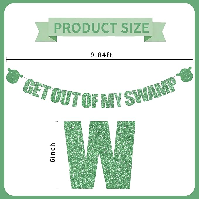 Green Glitter Get Out Of My Swamp Banner,NO DIY, Pre-Strung Birthday Party Banner Funny Housewarming Party Decorations Green Birthday Party Supplies