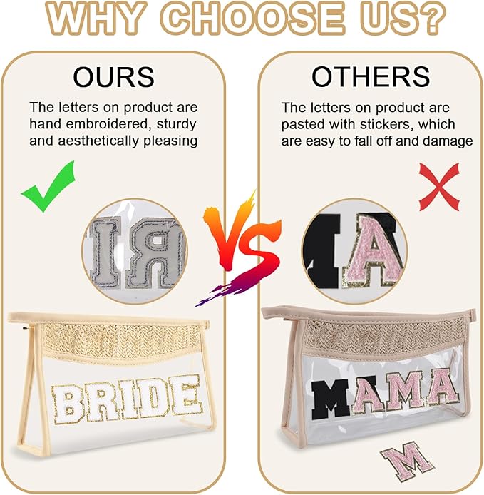 Bride Patch MRS Clear Makeup Letter Bag, Boho Patch Waterproof Zipper Make up Bags Toiletry Pouch for Women Girls, Clear Letter Patch Cosmetic Bags Transparent Organizer Pouch for Travel(Bride, Beige)
