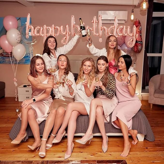 TONIFUL Rose Gold Happy Birthday Balloons Banner, 16 Inch Mylar Foil Script/Cursive Letters Birthday Sign Banner Balloon Reusable Material for Girls Boys Kids & Adults Birthday Decorations
