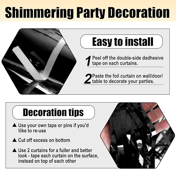 3 Pack Black Foil Fringe Curtain Backdrop, 3.28Ft x 6.6Ft Metallic Tinsel Foil Fringe Streamer Curtains for Photo Booth, Christmas Day, Thanksgiving, Wedding, New Year Party Decorations