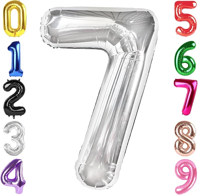 40 Inch Silver Number 7 Balloon, Giant 7 Number Balloons for 7th Birthday Decorations, Party Supplies for Baby Boy Girl, Silver Party Decor