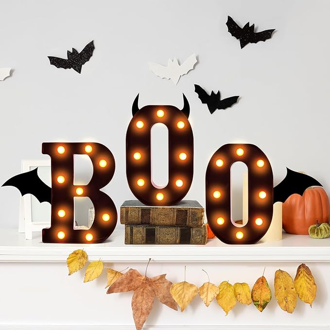 3 Pcs LED Marquee Light Up Letters Black Boo Sign Halloween Decorations Indoor Boo Halloween Lights for Home Kitchen Tabletop Fireplace Party Decoration (Orange)