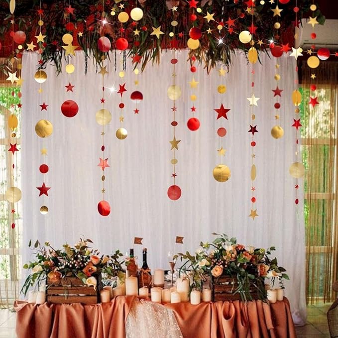 Cheerland Maroon Gold Party Decorations Red Gold Scarlet Star Circle Garland Hanging Dots Streamer for Valentines Day Chinese New Year Graduation Birthday Anniversary Wedding Bridal Shower Party