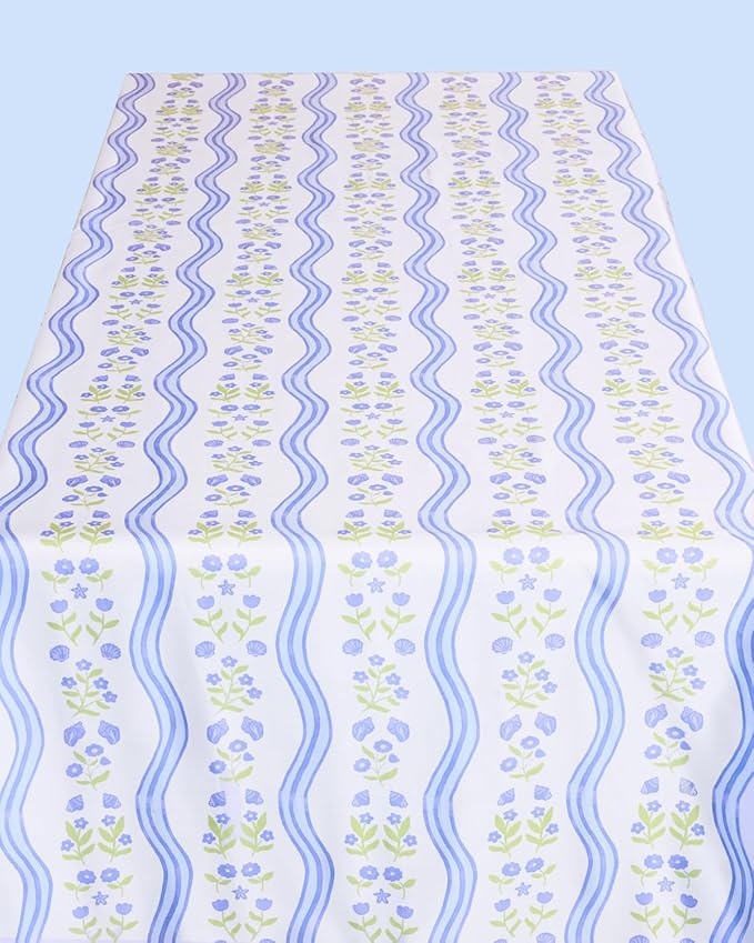 xo, Fetti Coastal Tablecloth, White + Blue | 9' x 4.5' | Bachelorette Tablescape, Dinner Party Setting, Beach Birthday Decoration, Cute Tablecover, Floral Table Decor