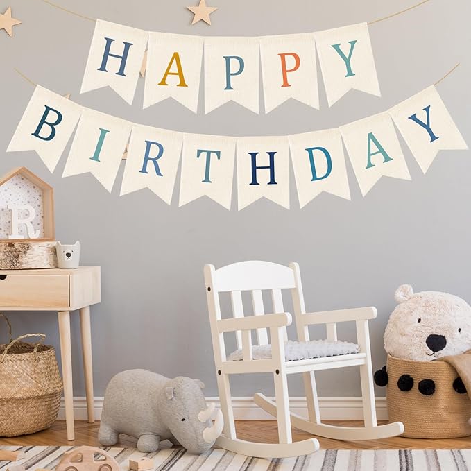 Doumeny Happy Birthday Burlap Banner Boho Birthday Bunting Garland Blue Bohemian Sign Flag White Birthday Hanging Banner Pastel Rainbow Party Decor for Home Mantel Fireplace Nursery Party Backdrop