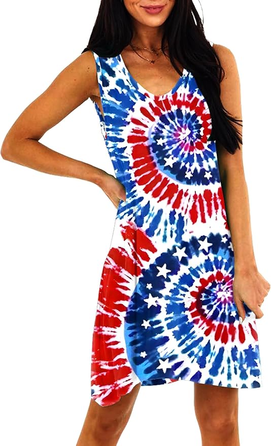 Deerose Women 4th of July Sleeeveless Dress Patriotic V Neck Tank Dresses with Pockets