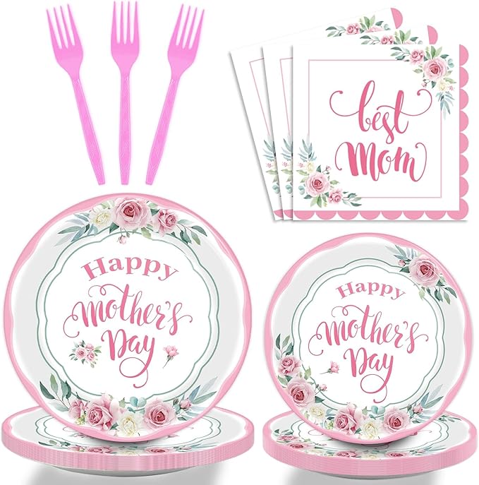 chiazllta 96 Pcs Happy Mother's Day Party Paper Plate and Napkins Set - 24 Guests, Pink, Spring Floral Design, Serves 24, Best Mom Ever Theme