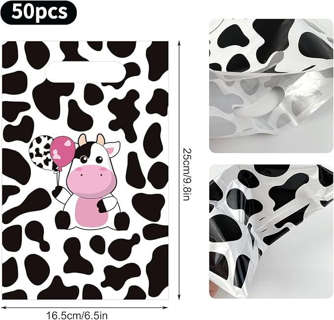 Rainmae 50 Pcs Cow Print Party Favors Bags, Cute Cow Goodie Gift Bags Treat Candy Bags, Farm Animal Theme Goodie Party Gift Bags for Baby Shower Barnyard Cowboy Cowgirl Farmhouse Themed Birthday