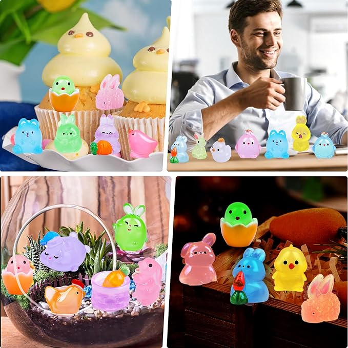 61Pcs Easter Luminous Mini Resin Figurines Miniature Figurines Tiny Small Easter Glow in The Dark Little Bunnies Chicken for Dollhouse Eggs Fillers Landscape Micro Garden Decoration Party Favors