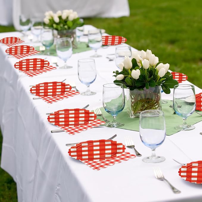50PCS Red Gingham Party Supplies - 7Inch Red Scalloped Dessert Paper Plates and Napkins Set Disposable Plaid Dinner Party Set Cutlery for Baby Shower Birthday Wedding, Serve 25
