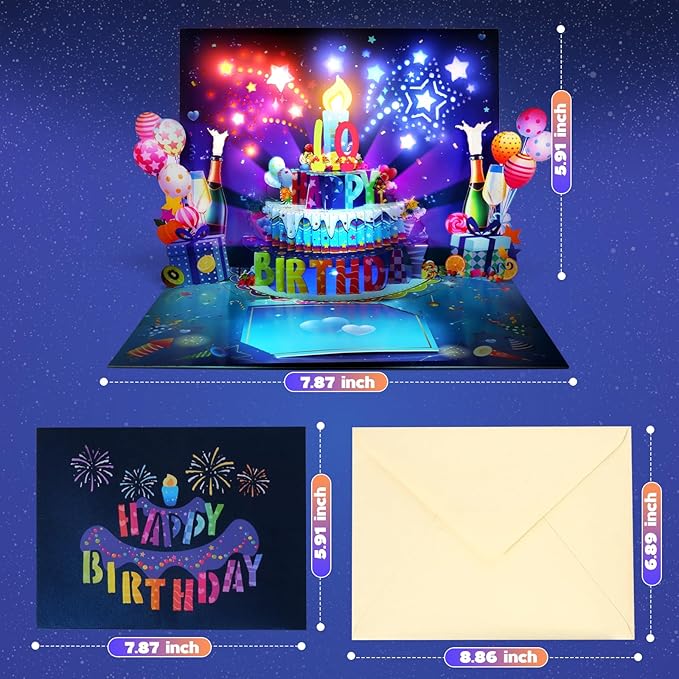 3D Musical Birthday Card with Blowable LED Light Candle, DIY 0-9 Numbers, Happy Birthday Pop Up Cards with Colorful Fireworks Lights, Happy Birthday Song & Exciting Cheering Sound, Impressive Musical