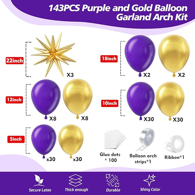 Purple and Gold Balloon Garland Arch Kit - Dark Purple and Metallic Explosion Gold Star Balloons for Birthday Graduation Baby Shower Adults Prom Luxury Violet Royal Party Decorations