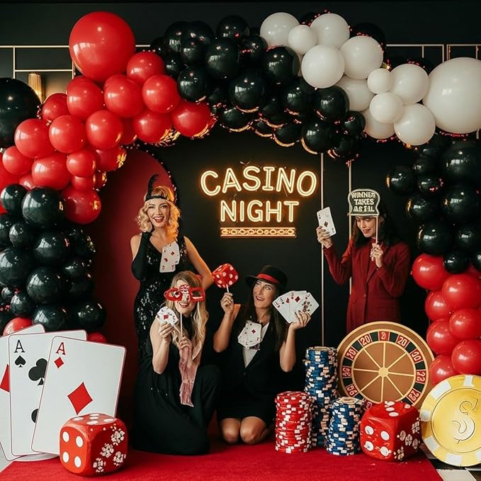 Red Black White Balloon Arch Kit with Silver Star Foils – Double Stuffed Balloons in 5” 12” 18” Sizes for Graduation, Birthday, Retirement, Racing, Casino, Poker Party Decorations
