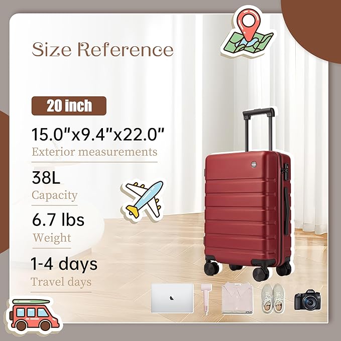 Hulsin Carry on Luggage Suitcase, 22x14x9 Airline Approved 20 Inch Hardside Carry-on Luggage with Spinner Wheels, Hard Shell Luggage with TSA Lock, Hard Case Small Travel Suitcase (Red, 20-Inch)