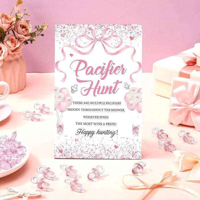 Thyle 51 Pcs Pink Bow Pacifier Hunt Baby Shower Games Include Hunt Sign and 50 Acrylic Pacifiers Coquette Bow Themed Baby Shower Game Decoration Gift Sets for Girls Gender Reveal Party Decor
